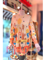 Oversize Kedi Desenli Kazak | Canlı Renkli Kadın Reglan Kol Tunik Kazak