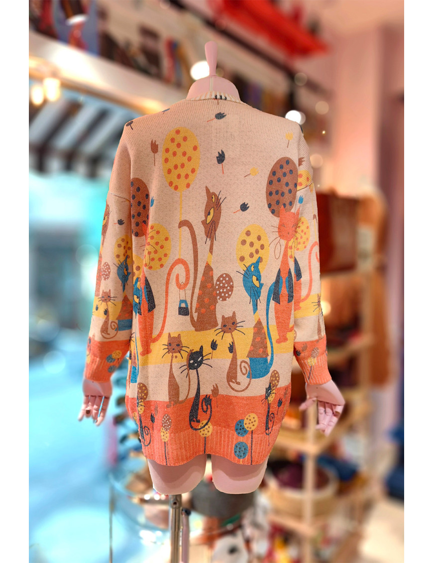 Oversize Kedi Desenli Kazak | Canlı Renkli Kadın Reglan Kol Tunik Kazak