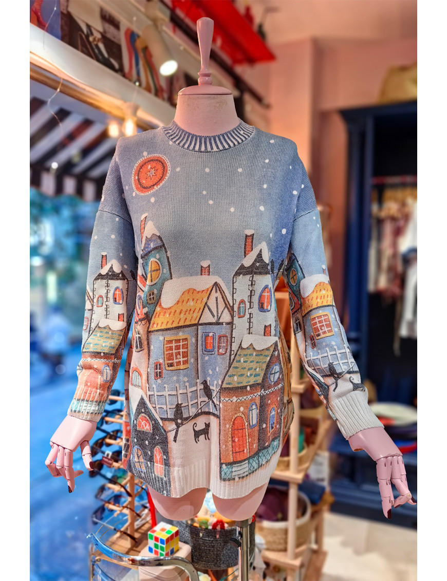 Kış Masalı Tunik Kazak | Oversize Örme | Kar Desenli