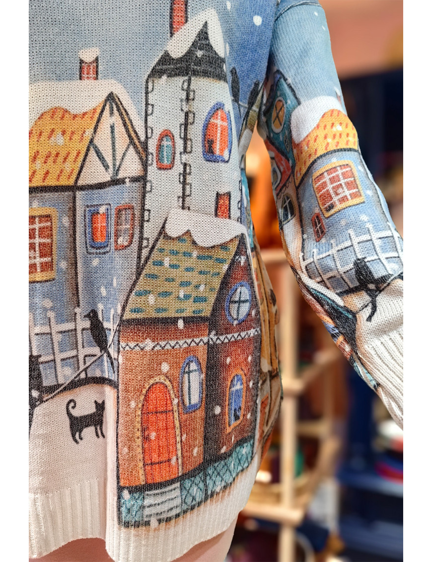 Kış Masalı Tunik Kazak | Oversize Örme | Kar Desenli