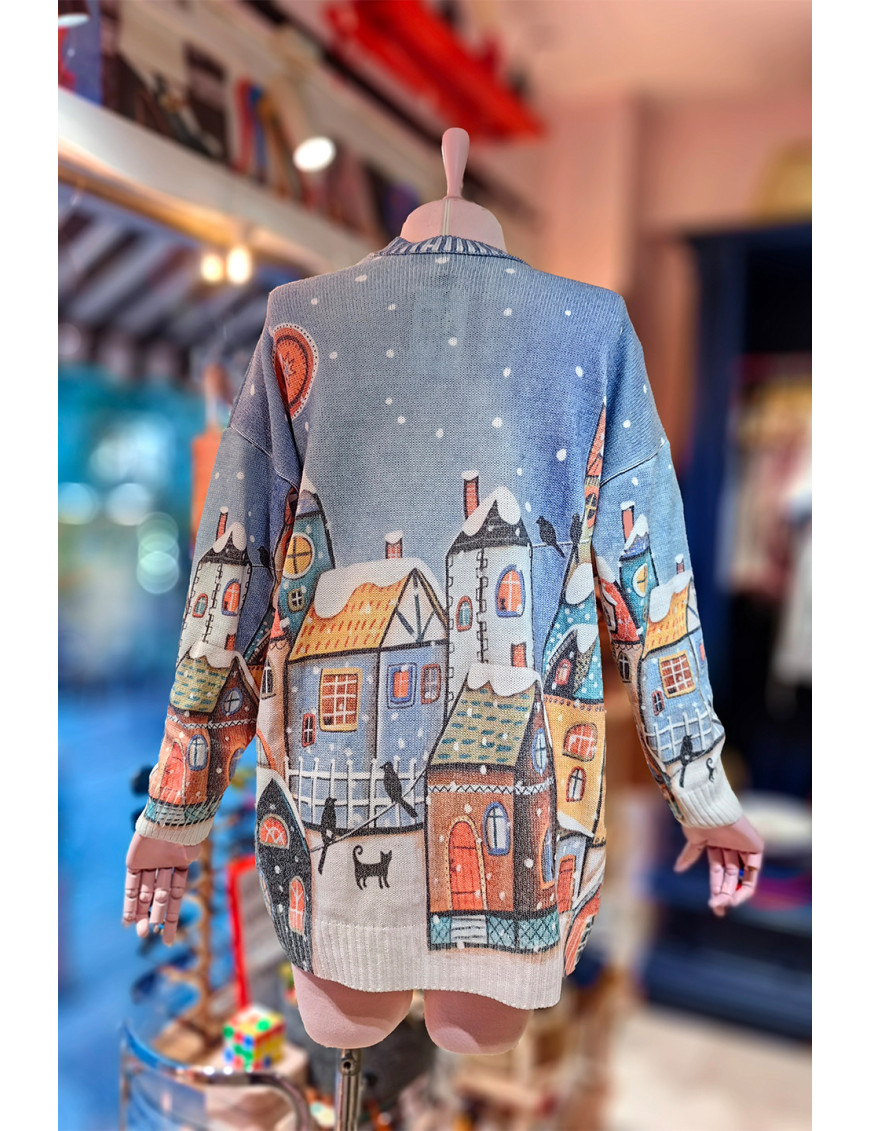 Kış Masalı Tunik Kazak | Oversize Örme | Kar Desenli