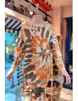 Abstrakt Desenli Tunik Kazak | Oversize Örgü | Turuncu Bej| Yeni Sezon