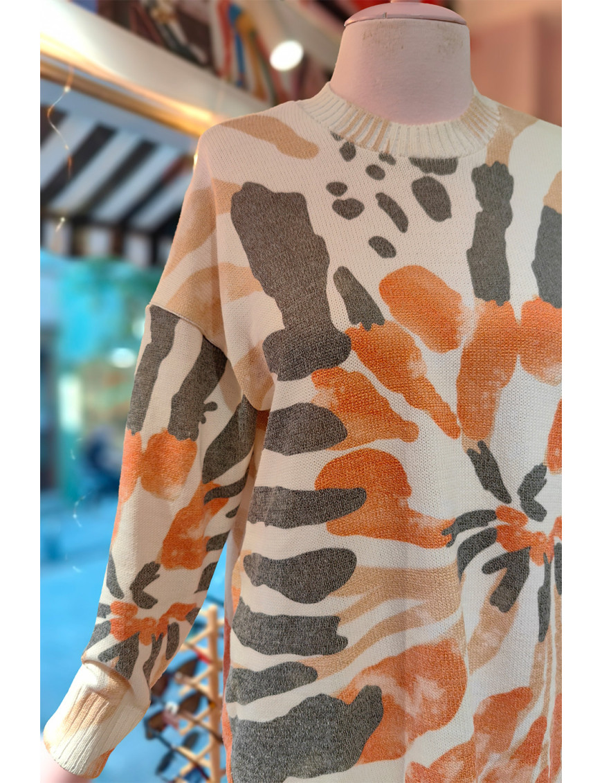 Abstrakt Desenli Tunik Kazak | Oversize Örgü | Turuncu Bej| Yeni Sezon