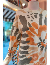 Abstrakt Desenli Tunik Kazak | Oversize Örgü | Turuncu Bej| Yeni Sezon