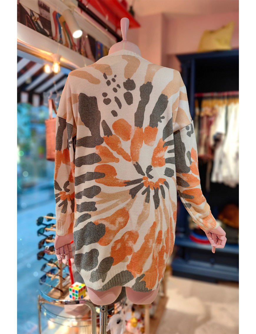 Abstrakt Desenli Tunik Kazak | Oversize Örgü | Turuncu Bej| Yeni Sezon