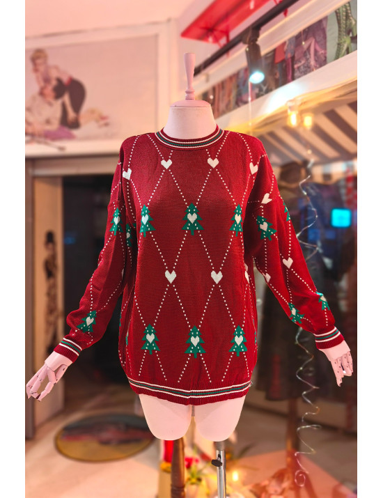 Yılbaşı Kazak Kırmızı | Çam Ağacı Desenli Örgü | Xmas Sweater | Tatil Modası