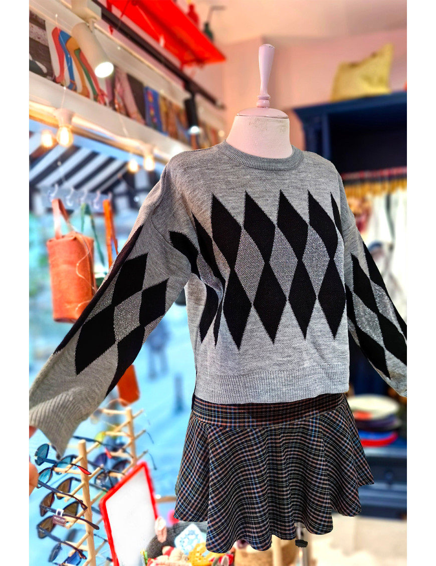 Argyle Desenli Kazak Gri Siyah | Kadın Örgü Kazak | Baklava Desenli | Kış Modası