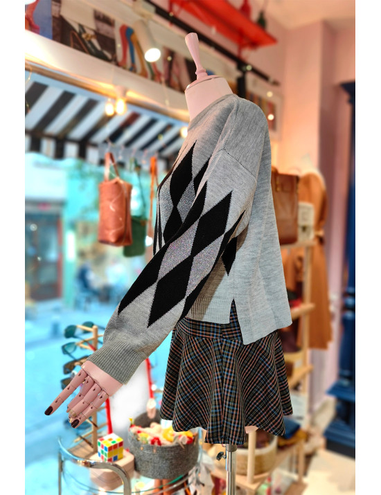 Argyle Desenli Kazak Gri Siyah | Kadın Örgü Kazak | Baklava Desenli | Kış Modası