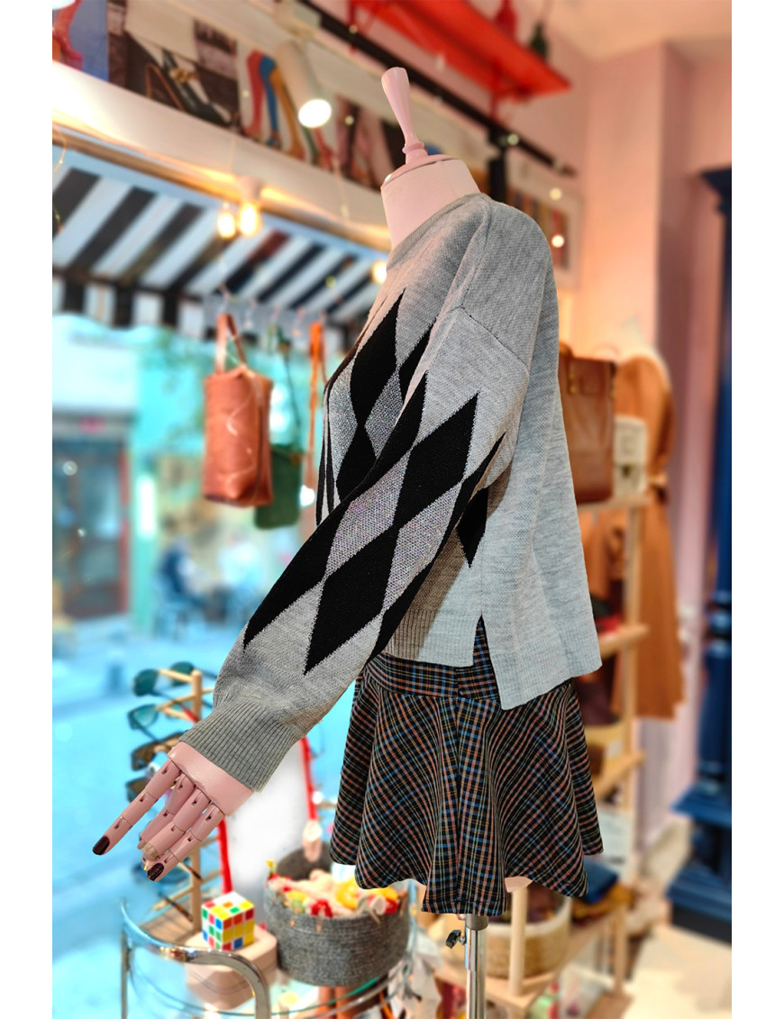 Argyle Desenli Kazak Gri Siyah | Kadın Örgü Kazak | Baklava Desenli | Kış Modası
