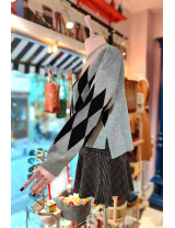 Argyle Desenli Kazak Gri Siyah | Kadın Örgü Kazak | Baklava Desenli | Kış Modası