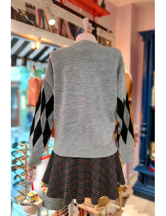 Argyle Desenli Kazak Gri Siyah | Kadın Örgü Kazak | Baklava Desenli | Kış Modası