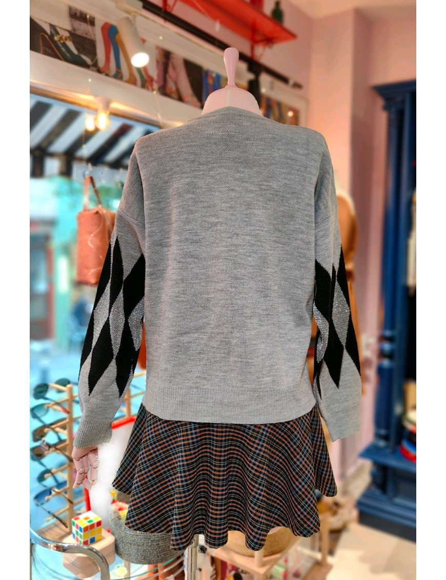 Argyle Desenli Kazak Gri Siyah | Kadın Örgü Kazak | Baklava Desenli | Kış Modası