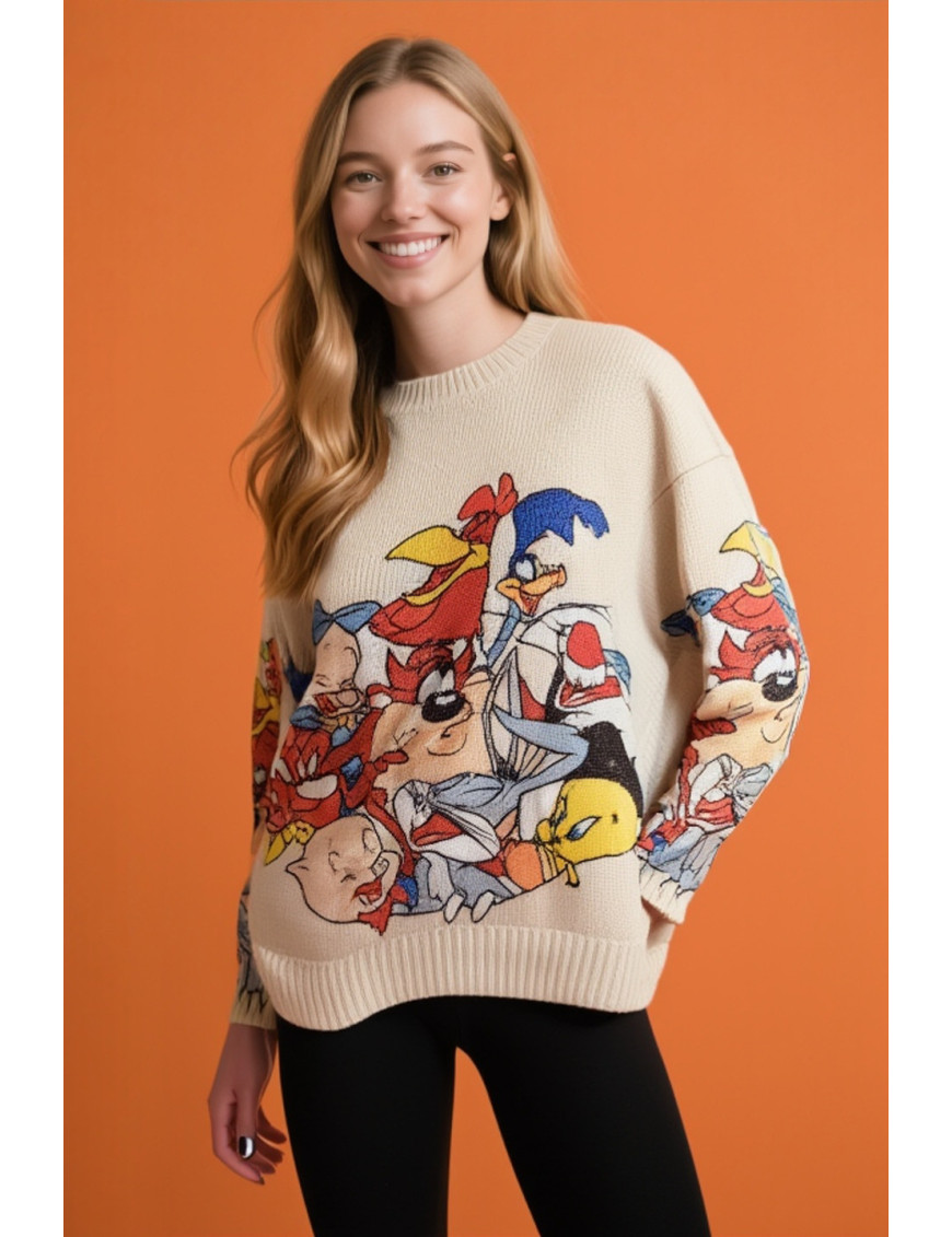 Retro Çizgi karakter Kazak | Oversize Örgü | Çizgi Film Karakterli | Retro Baskılı