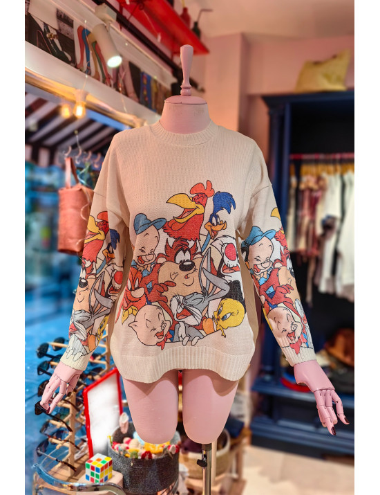 Retro Çizgi karakter Kazak | Oversize Örgü | Çizgi Film Karakterli | Retro Baskılı