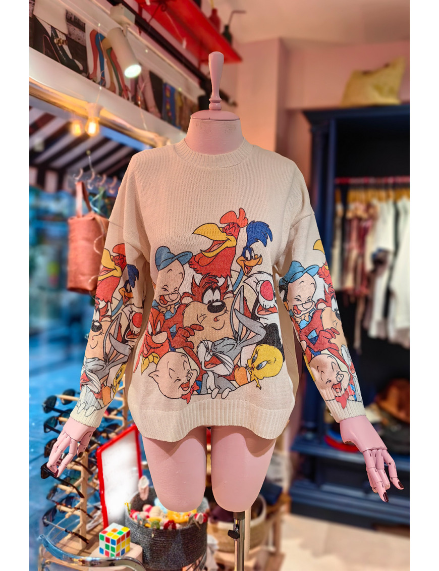 Retro Çizgi karakter Kazak | Oversize Örgü | Çizgi Film Karakterli | Retro Baskılı