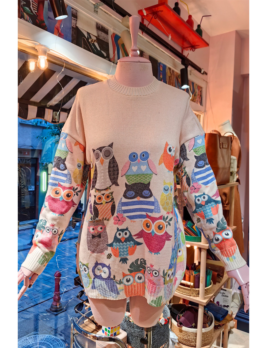 Baykuş Desenli Tunik Kazak | Oversize Örgü | Renkli Kışlık