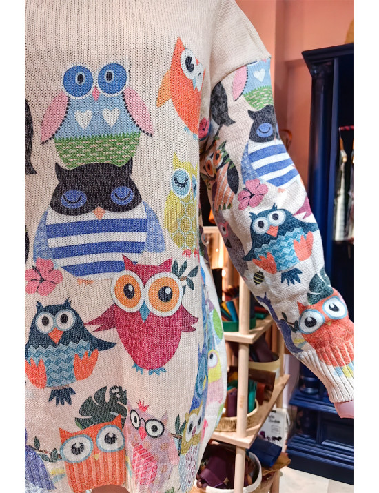 Baykuş Desenli Tunik Kazak | Oversize Örgü | Renkli Kışlık