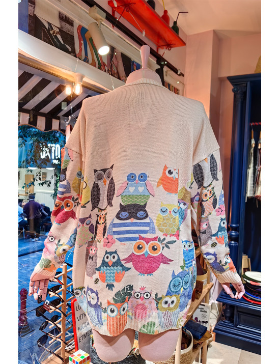 Baykuş Desenli Tunik Kazak | Oversize Örgü | Renkli Kışlık