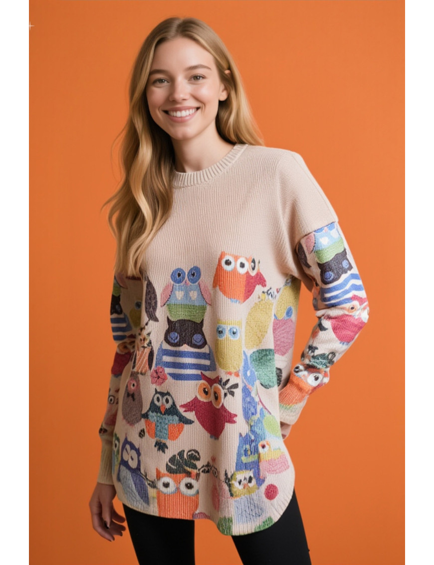 Baykuş Desenli Tunik Kazak | Oversize Örgü | Renkli Kışlık