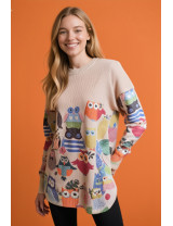 Baykuş Desenli Tunik Kazak | Oversize Örgü | Renkli Kışlık