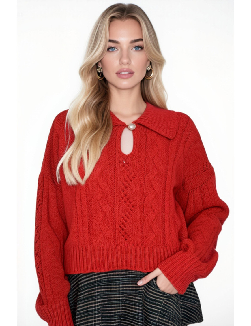 Kırmızı İnci Detaylı Örgü Crop Kazak | Moda Kadın Kazakları