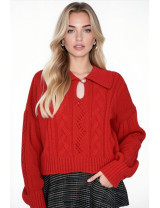 Kırmızı İnci Detaylı Örgü Crop Kazak | Moda Kadın Kazakları