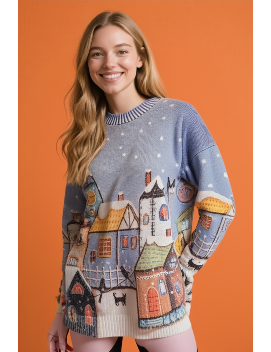 Kış Masalı Tunik Kazak | Oversize Örme | Kar Desenli