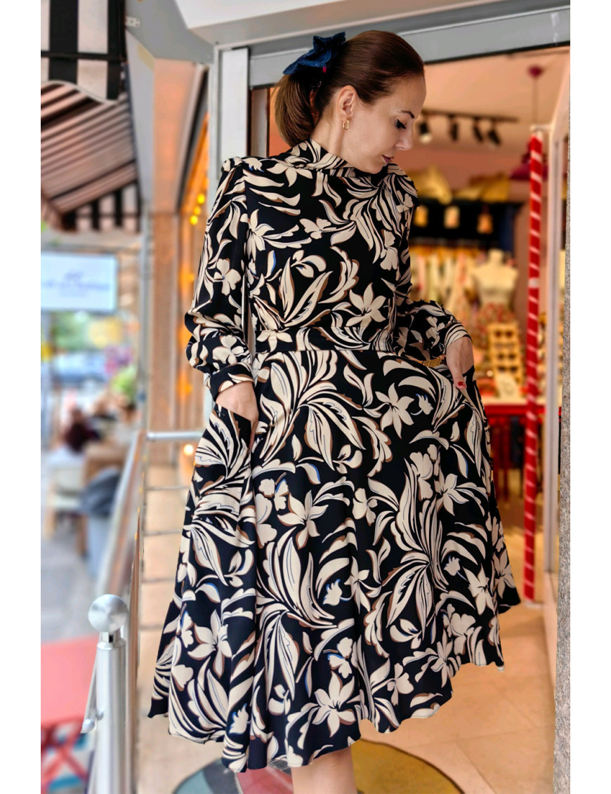 Fular Yakalı Uzun Balon Kollu Desenli Midi Dikim Elbise | Sonbahar Şıklığı