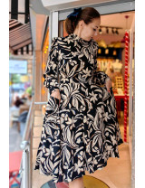 Fular Yakalı Uzun Balon Kollu Desenli Midi Dikim Elbise | Sonbahar Şıklığı