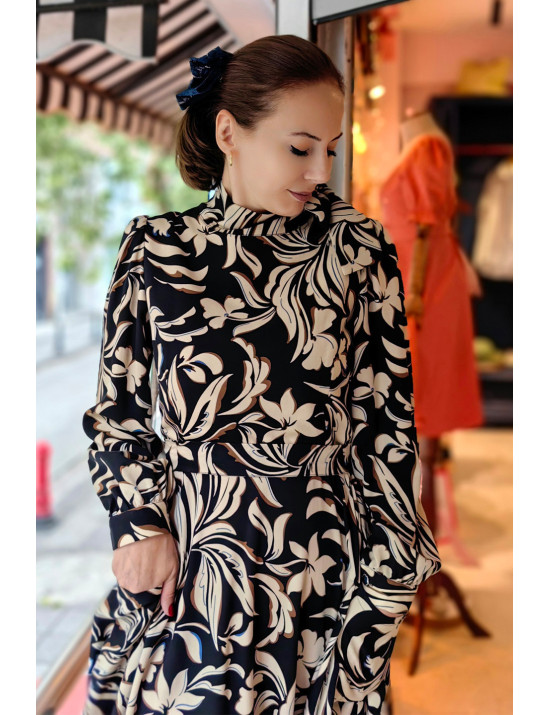 Fular Yakalı Uzun Balon Kollu Desenli Midi Dikim Elbise | Sonbahar Şıklığı