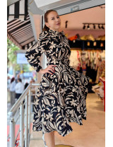 Fular Yakalı Uzun Balon Kollu Desenli Midi Dikim Elbise | Sonbahar Şıklığı