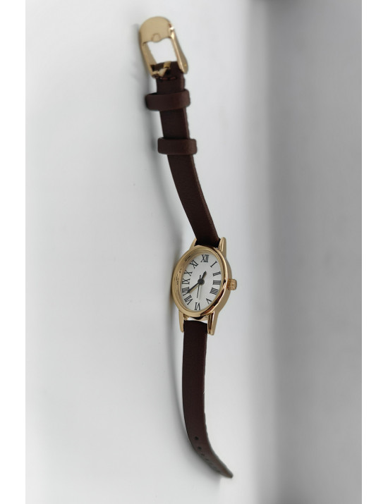 Kahverengi Deri Kayışlı Gold Kadın Kol Saati | Retro Saat