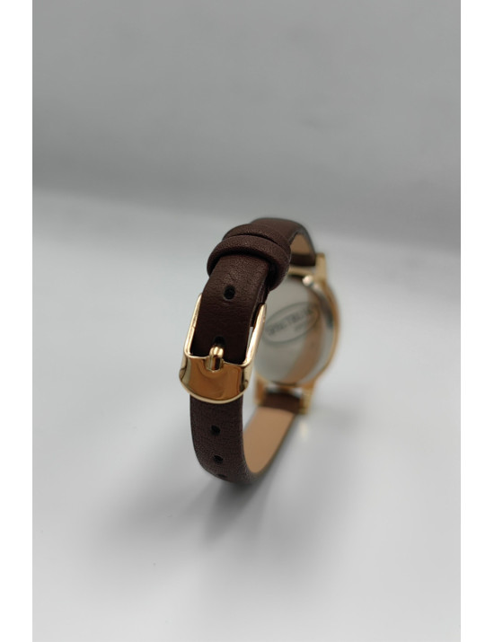 Kahverengi Deri Kayışlı Gold Kadın Kol Saati | Retro Saat