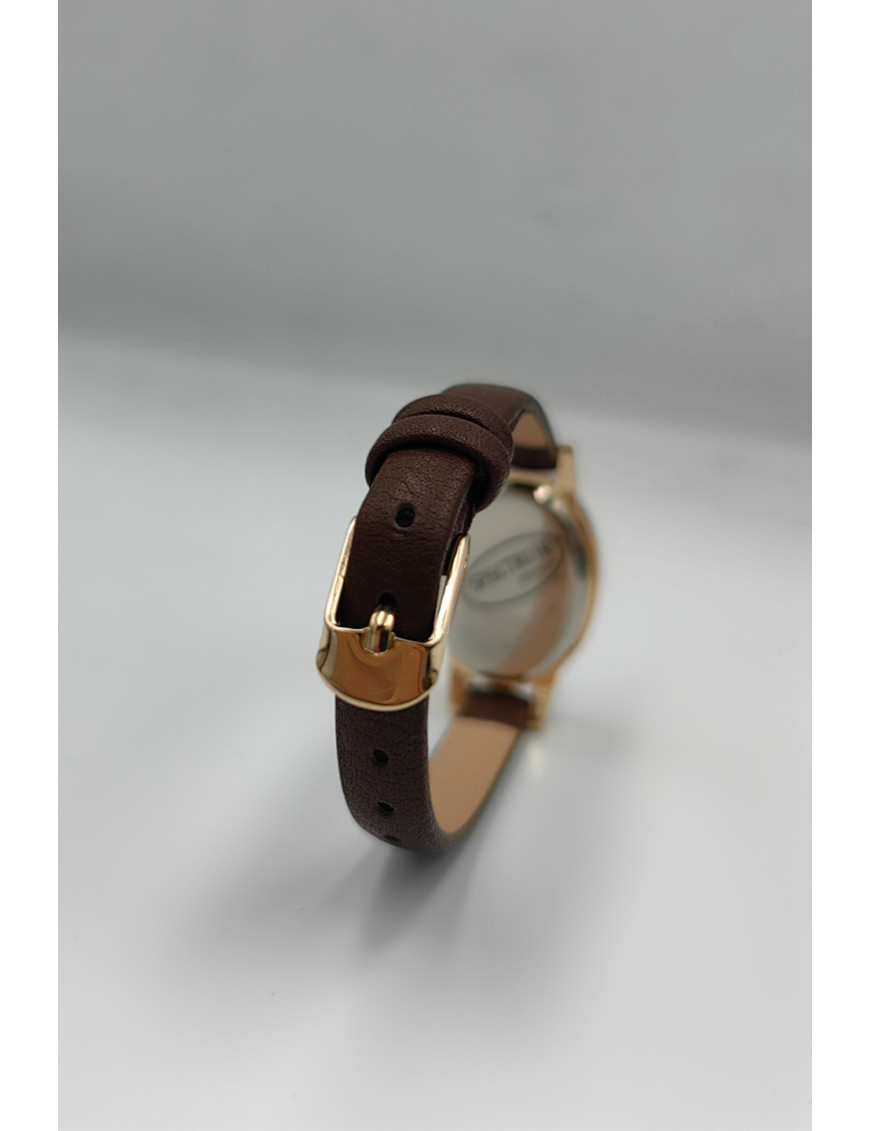 Kahverengi Deri Kayışlı Gold Kadın Kol Saati | Retro Saat