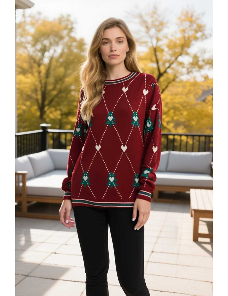 Yılbaşı Kazak Kırmızı | Çam Ağacı Desenli Örgü | Xmas Sweater | Tatil Modası