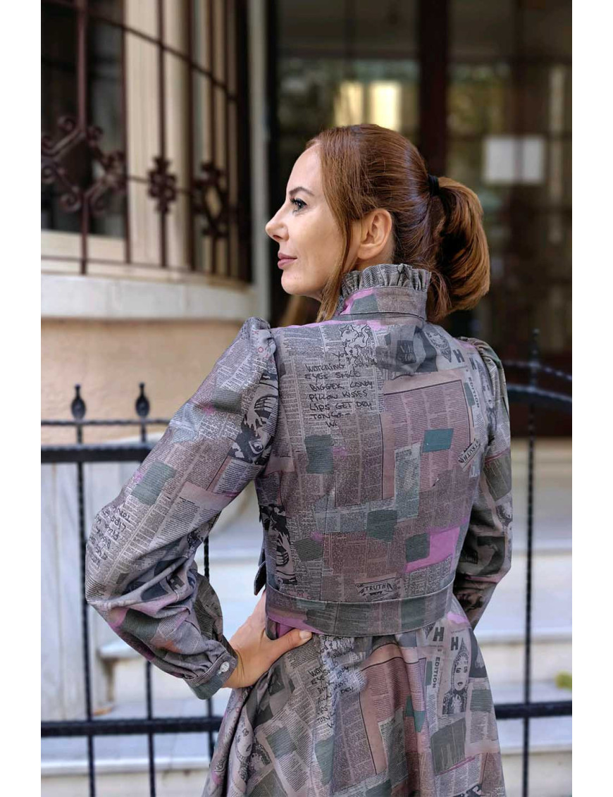 Özel Dikim Manşet Elbise | Gazete Desenli Midi Boy Yüksek Yaka Kadın Dikim Elbise