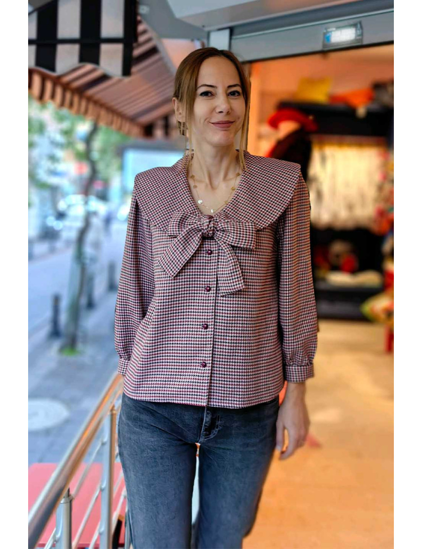 Kazayak Desenli Fiyonklu Bluz Ceket | Gingham Yaka Detaylı Kısa Ceket