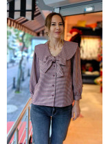 Kazayak Desenli Fiyonklu Bluz Ceket | Gingham Yaka Detaylı Kısa Ceket