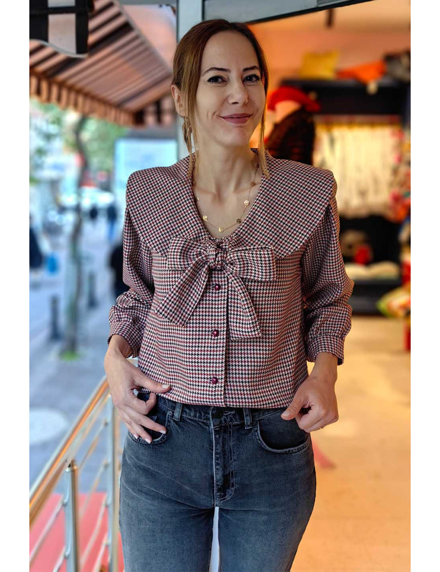 Kazayak Desenli Fiyonklu Bluz Ceket | Gingham Yaka Detaylı Kısa Ceket