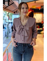 Kazayak Desenli Fiyonklu Bluz Ceket | Gingham Yaka Detaylı Kısa Ceket