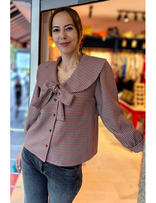 Kazayak Desenli Fiyonklu Bluz Ceket | Gingham Yaka Detaylı Kısa Ceket