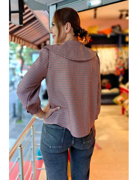 Kazayak Desenli Fiyonklu Bluz Ceket | Gingham Yaka Detaylı Kısa Ceket