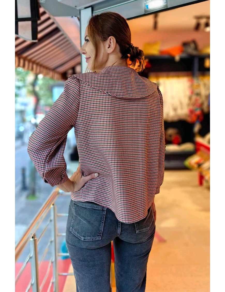 Kazayak Desenli Fiyonklu Bluz Ceket | Gingham Yaka Detaylı Kısa Ceket