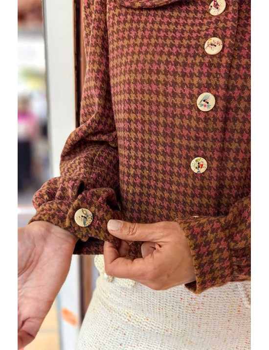 Özel Tasarım Kazayağı Ceket | Kuş Düğmeli Büyük Yakalı Crop Ceket