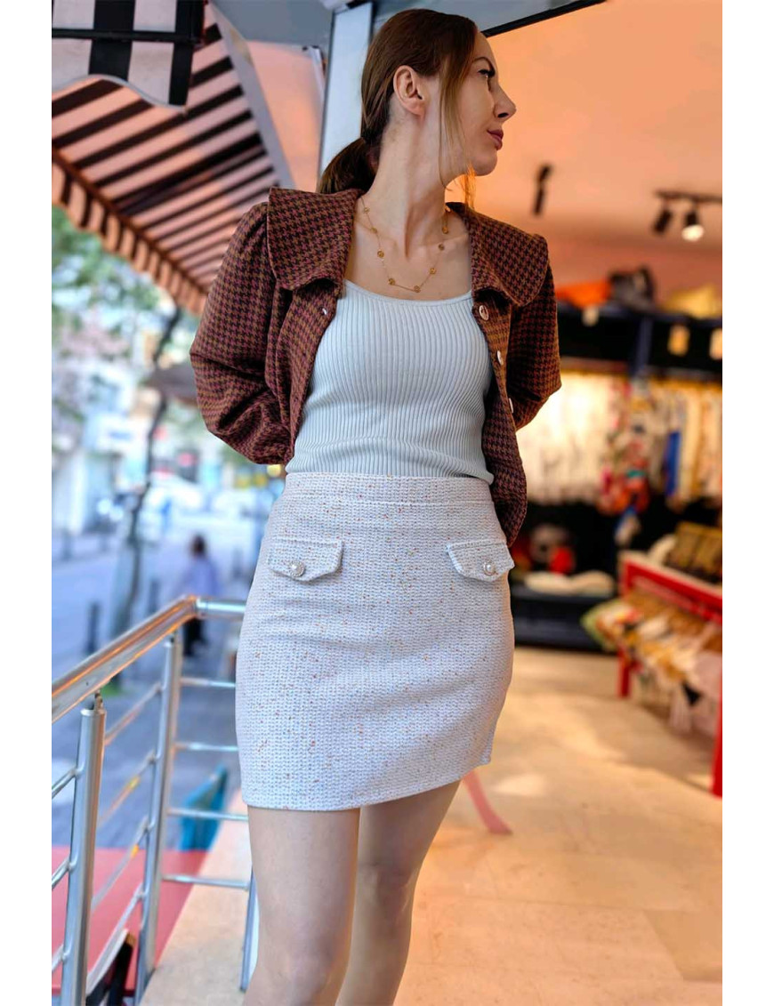 Özel Dikim Tüvit Mini Etek | Beyaz Tweed Cep Detaylı Yüksek Bel Etek