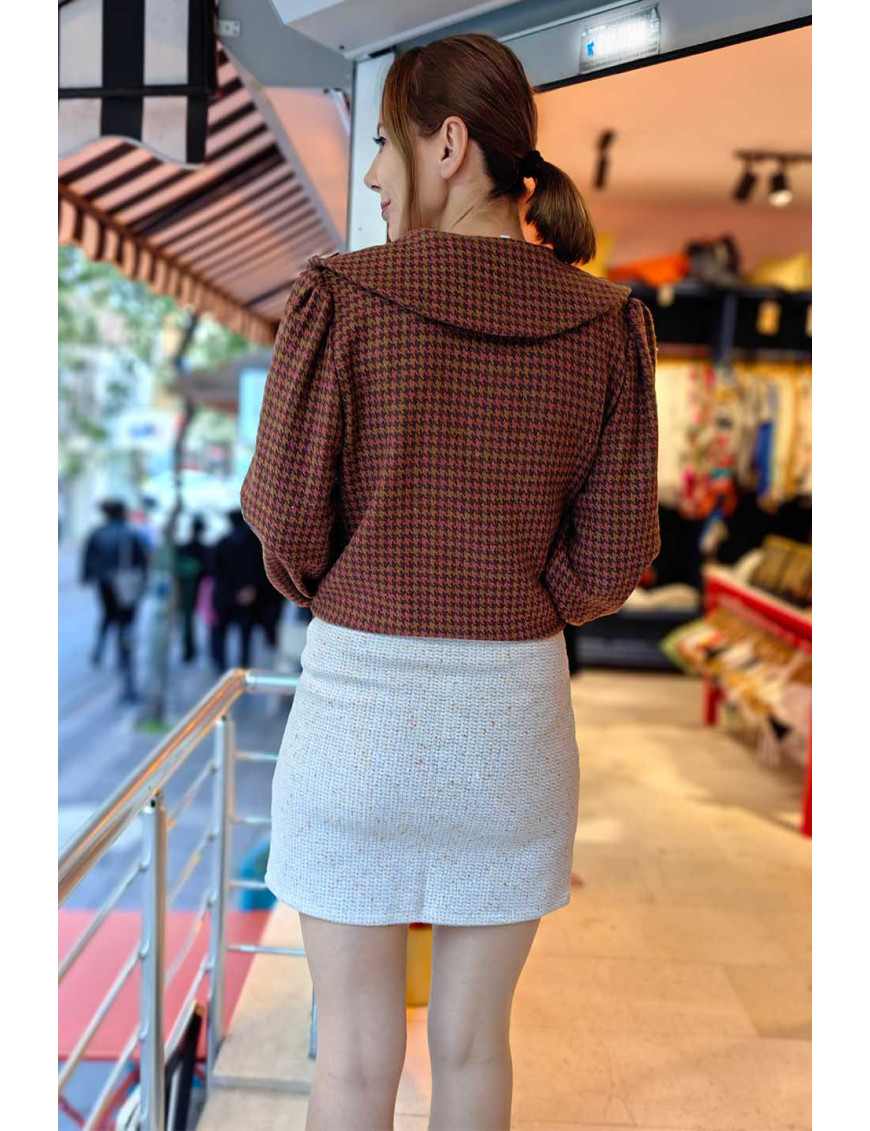 Özel Dikim Tüvit Mini Etek | Beyaz Tweed Cep Detaylı Yüksek Bel Etek