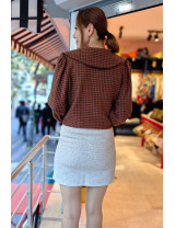 Özel Dikim Tüvit Mini Etek | Beyaz Tweed Cep Detaylı Yüksek Bel Etek