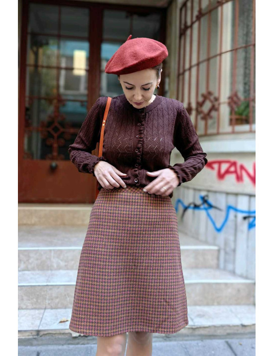 Kahverengi Ajurlu Örgü Hırka | Fırfır Detaylı Retro Slim Fit Hırka