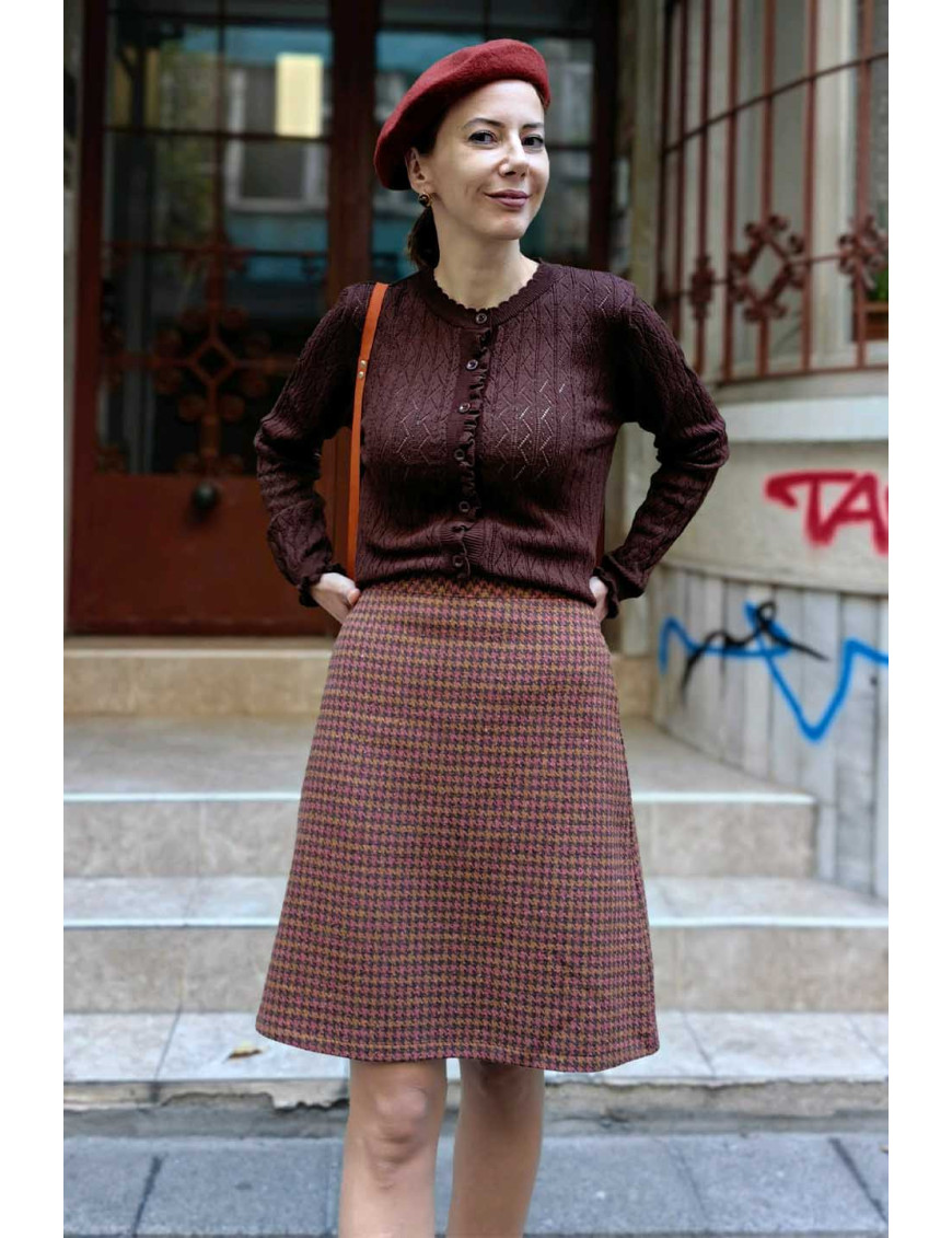 Kahverengi Ajurlu Örgü Hırka | Fırfır Detaylı Retro Slim Fit Hırka