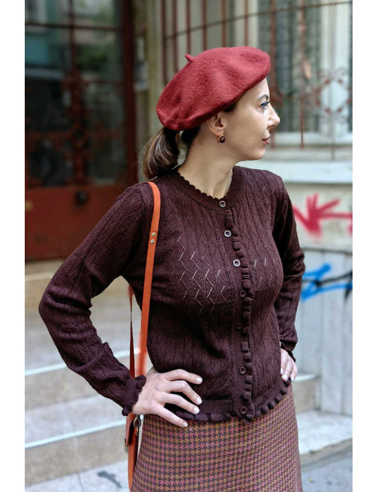 Kahverengi Ajurlu Örgü Hırka | Fırfır Detaylı Retro Slim Fit Hırka